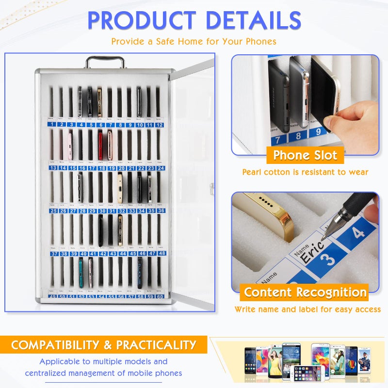 Ozzptuu 60 Slots Aluminum Alloy Pocket Chart Storage Cabinet for Cell Phones,Wall-Mounted with a Locked,Can be Carried by Hand (60 Slots) - Image 4